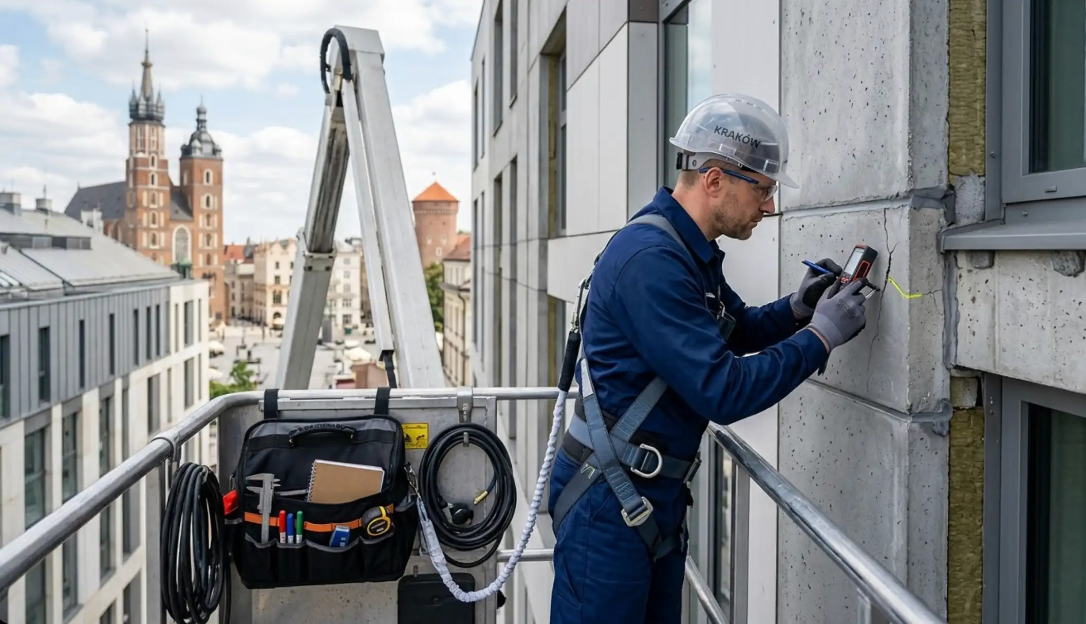 Inspekcja techniczna elewacji z podnośnika w Krakowie